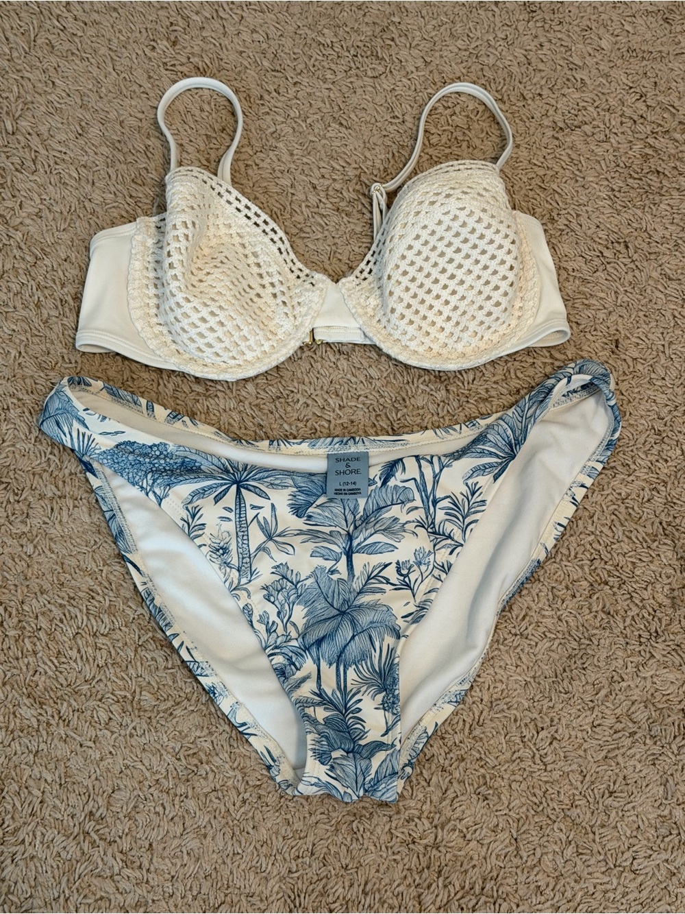 White Crochet Bikini Top with Blue Floral Bikini Bottom - Women's Swim Set